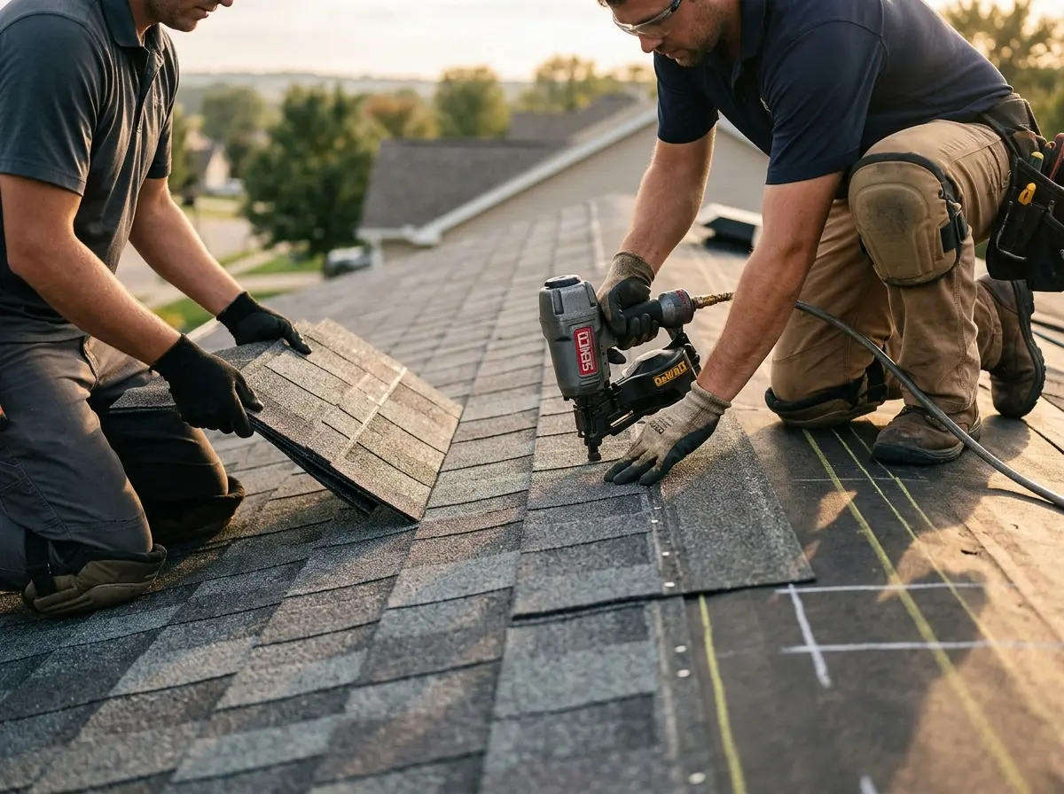 Professional roofer working on a residential roof in Toccoa